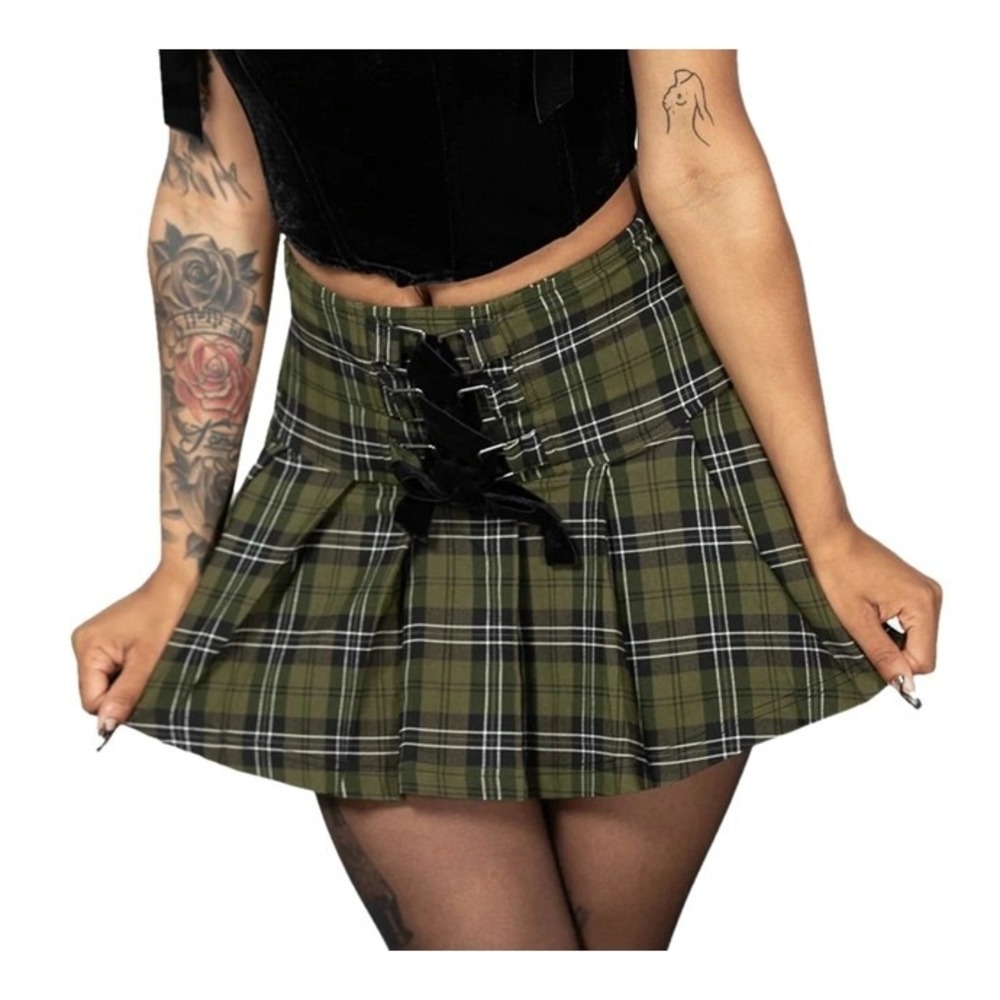 Killstar Dark canopy pleated mini skirt‎ plaid tartan green